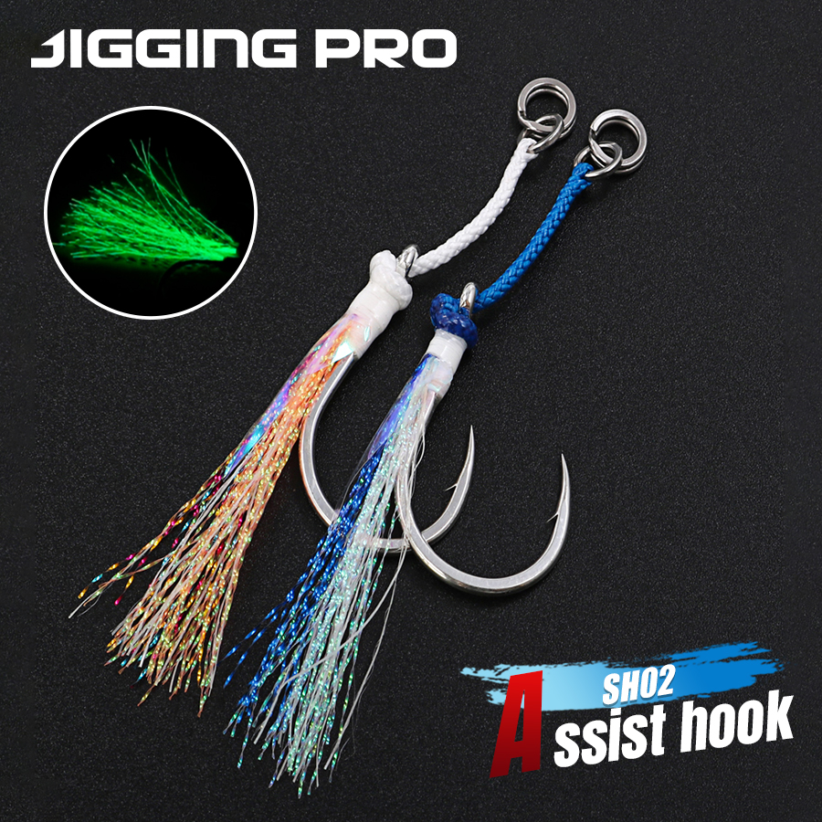 JIGGINGPRO 3PCS/bag Single Assist Hook 5/0 7/0 9/0 11/0 Heavy Duty Jigging Hook High Carbon Steel Fishing Hook WithGlow Tinsel