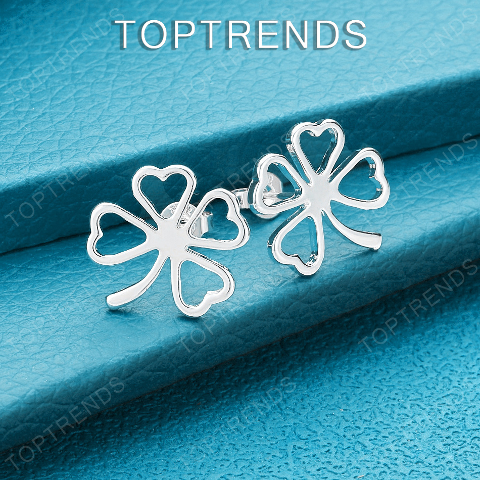Original 925 Sterling Silver Four-Leaf Clover Flower Stud Earrings For Women Gorgeous Nice Jewelry Wedding Birthday Party