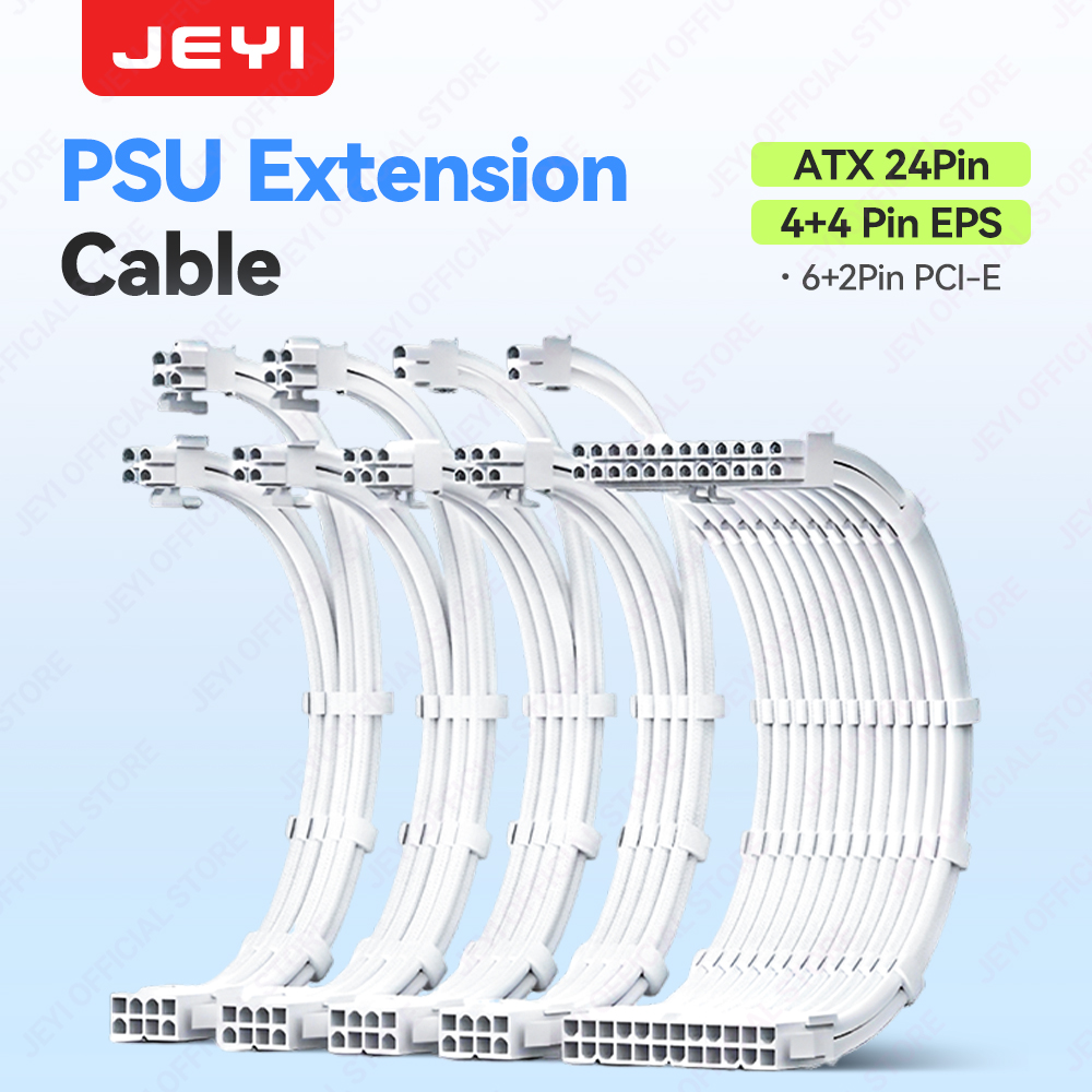 JEYI PSU Extension Cable Kit-24Pin ATX + 8Pin EPS + 6+2Pin PCIe,18AWG Sleeved with Combs,Fit Universal Case Compatibility