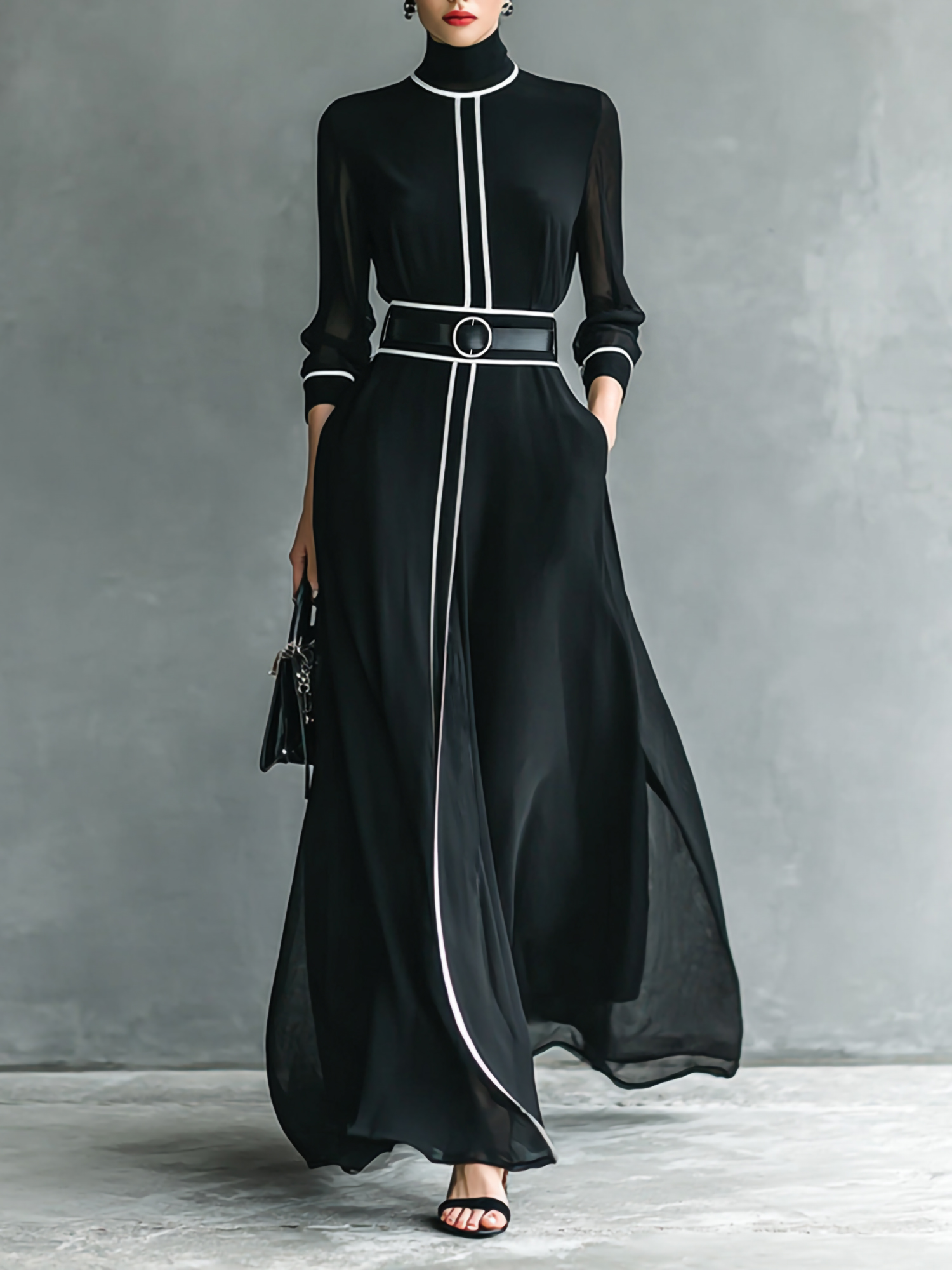French Elegant Chiffon Maxi Dress, High Neck Long Sleeve with White Piping Trim, Ideal for Office, Business, Banquets & Parties