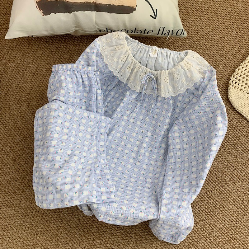 Lace Crew Neck Plaid Flower Print Pajamas Set Loose Casual Korean Sweet Plus Size Women's Pajamas Autumn Winter New Loungewear