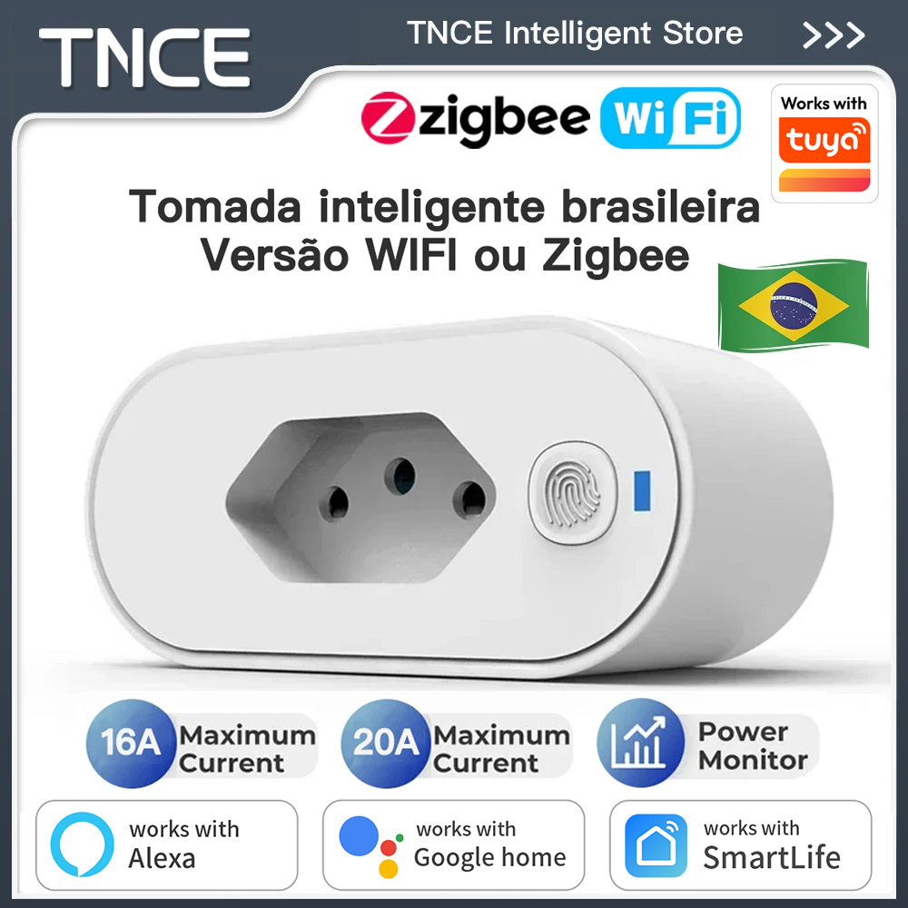 TNCE Tuya Brazil Plug WIFI or zigbee 16/20A socket with Power Monitor, Smart outlet remote control, Voice with Home Alexa