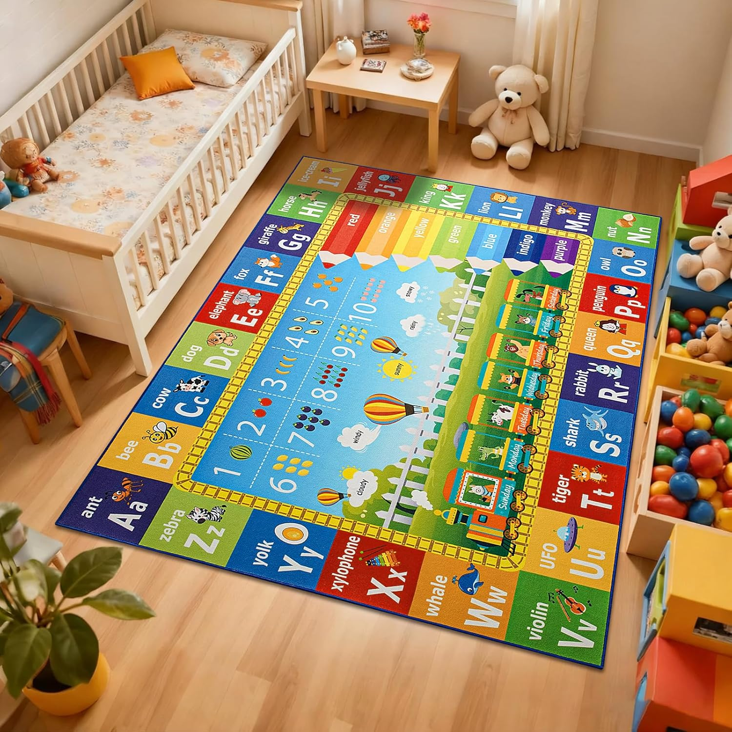 Educational ABC Number Kids Room Large Carpet Colorful Alphabet Animal Pattern with Counting Area Anti-slip Rug for Home Decor