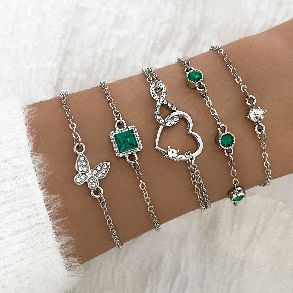 5Pcs Fashion Green Crystal Bracelet Set For Women Butterfly Heart Charm Gold Silver Color Chain Bangle Female Trendy Jewelry