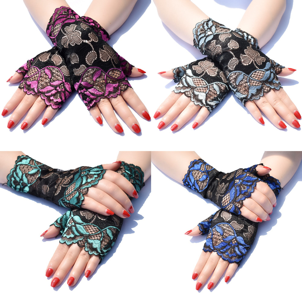 Lace Short Fingerless Gloves Summer Women's Thin Lace Half Finger Sunscreen Driving Gloves