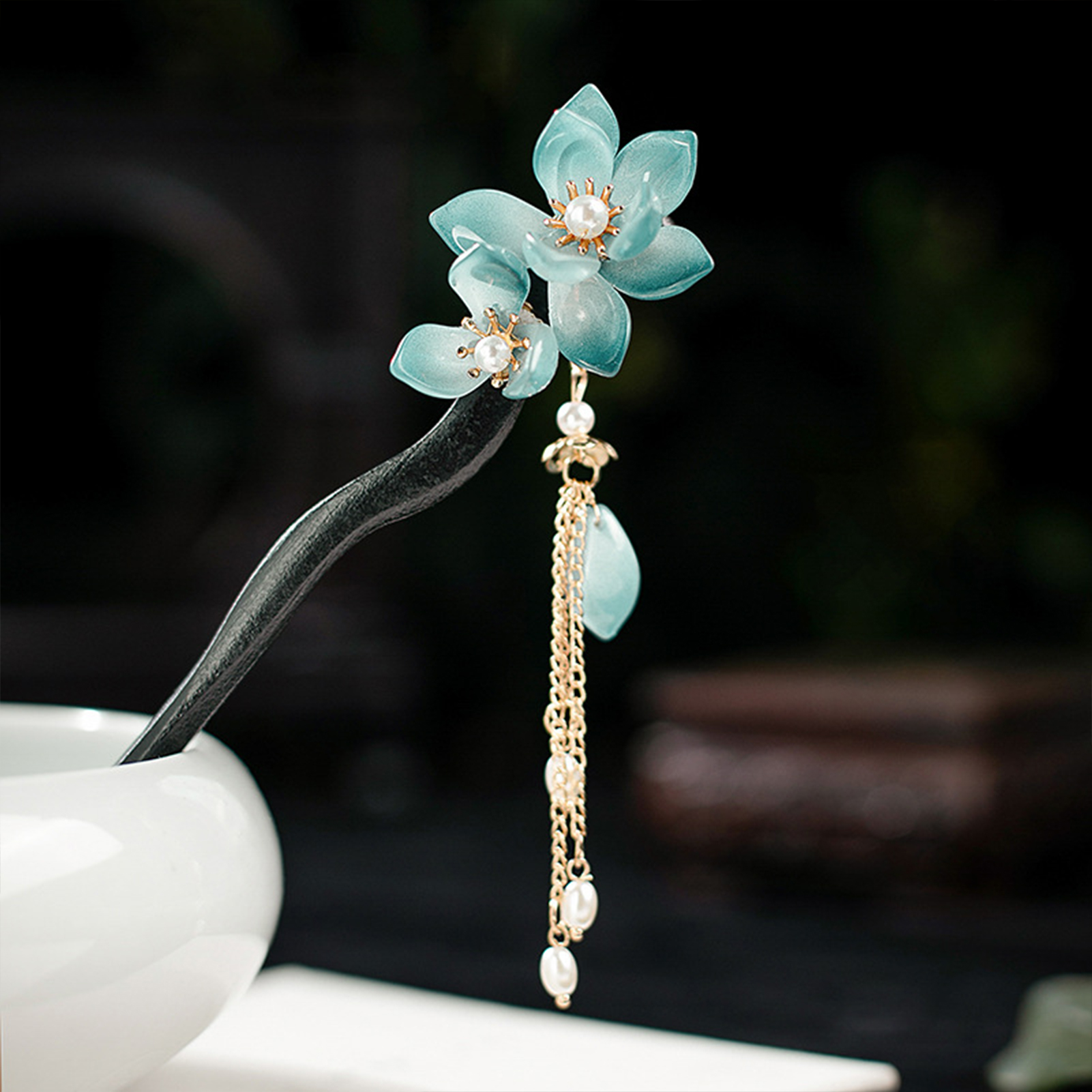 Chinese Hair Stick Ebonized Wood Floral Fringed Headwear Vintage Pearl Hairpin Forks For Women Classic Han Costume Hair Jewelry