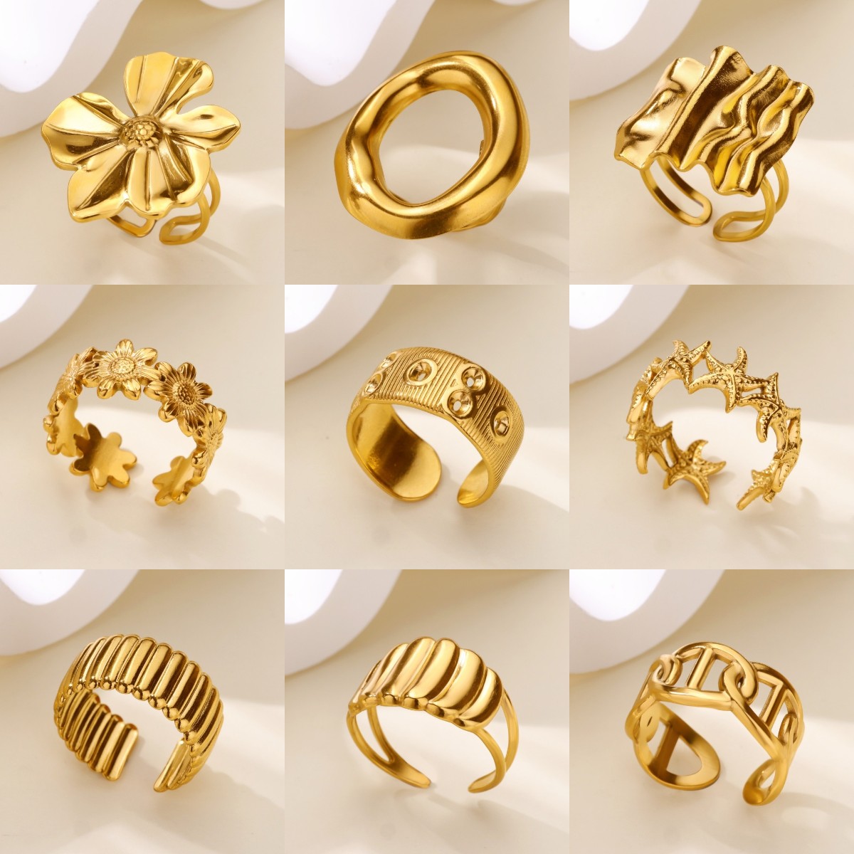 Gold Color Stainless Steel Delicate Leaf Rings for Women Fashionable Elegant Versatile Wide Finger Ring Daily wear Jewelry
