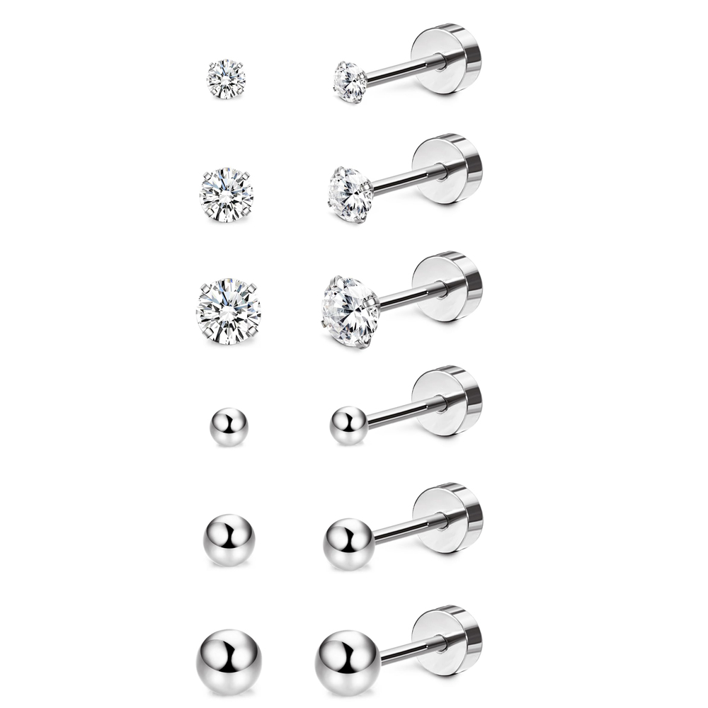 1 Pair Black Stainless Steel Round Cubic Zirconia Ball Stud Earrings Set Punk Piercing Jewelry For Men Women 3-8mm