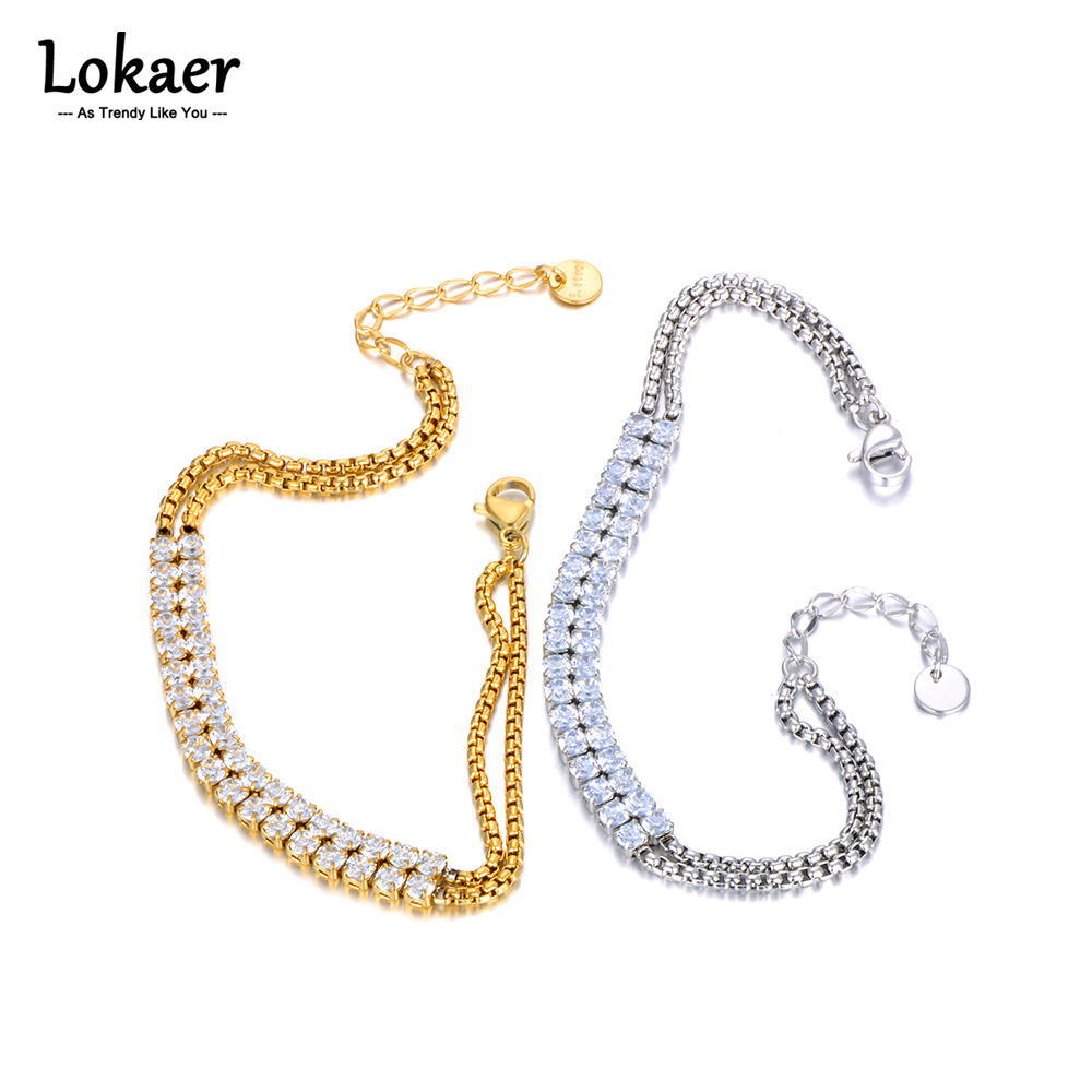 Lokaer Stainless Steel Cubic Zirconia Tennis Double Chain Bracelet For Women Luxury Charm Bling AAA Bracelet Bijoux Femme B23058