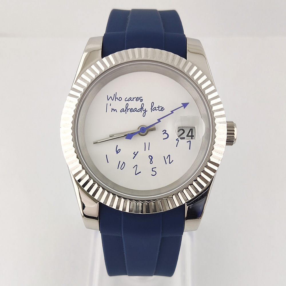 36mm/39mm NH35 Watch Who Cares im Already Late Watch High Quality Sapphire Crystal Glass Waterproof NH35 Movement Blue Watch