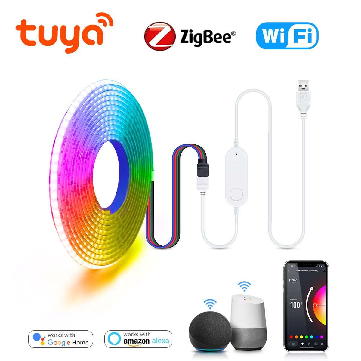 Zigbee USB 5V RGB LED Strip Light Tuya Smart Life APP Control 5050 Lamp Work With Alexa Home TV Back Lighting 2m 3m 5m lightify