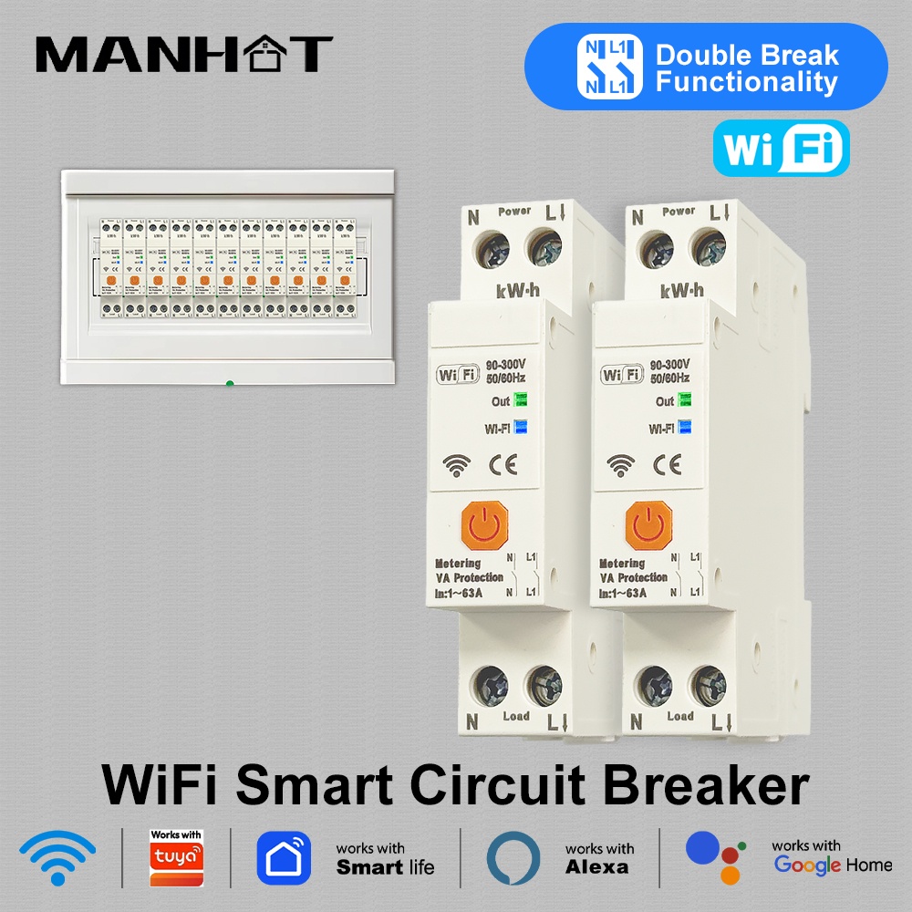 Manhot WiFi 63A Smart Circuit Breaker Swith Double Breaker N+L Line Function Voltage Current Protection Work Tuya App Control