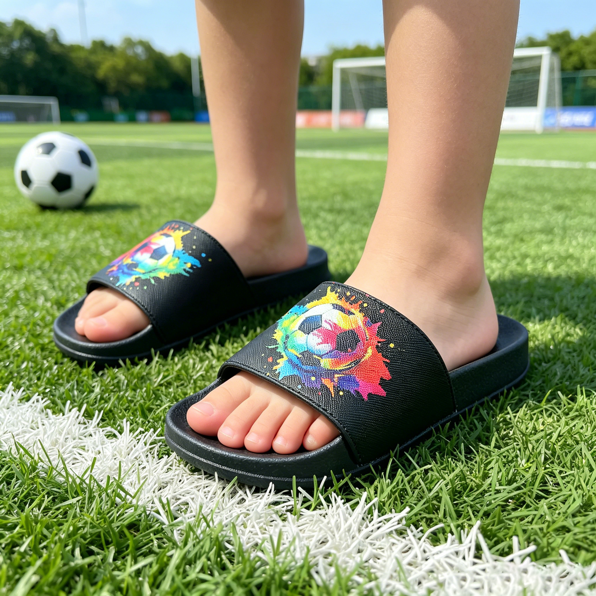 1 Pair of Children's Cartoon Football Print Home Slippers, Lightweight and Breathable Eva Soles, Casual Outdoor Beach Shoes, Suitable for Comfortable Wear in All Seasons