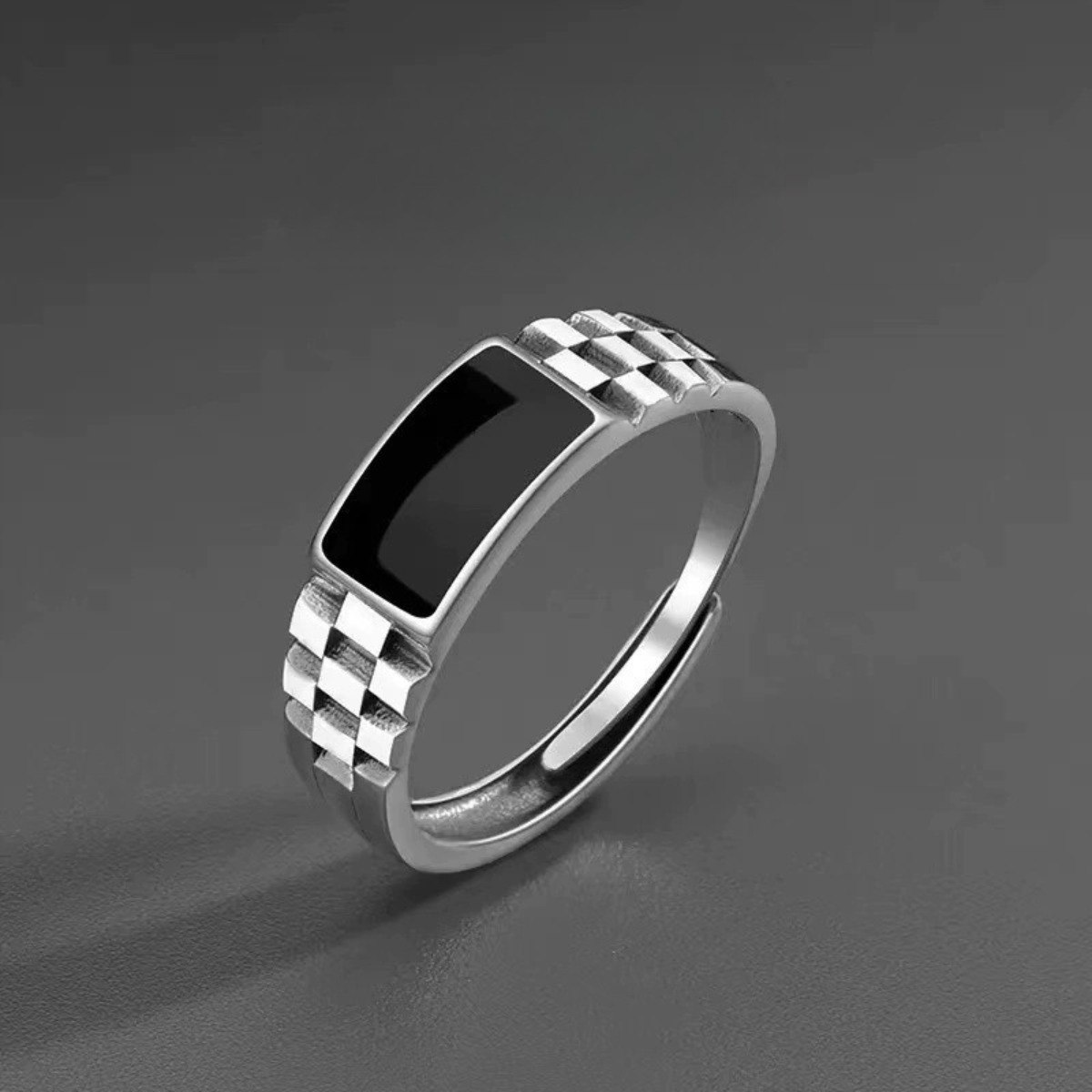 Vintage Faux Onyx Rings for Men Temperament Stainless Steel Adjustable Open Ring Silver Color Fashion Punk Jewelry pen gpt