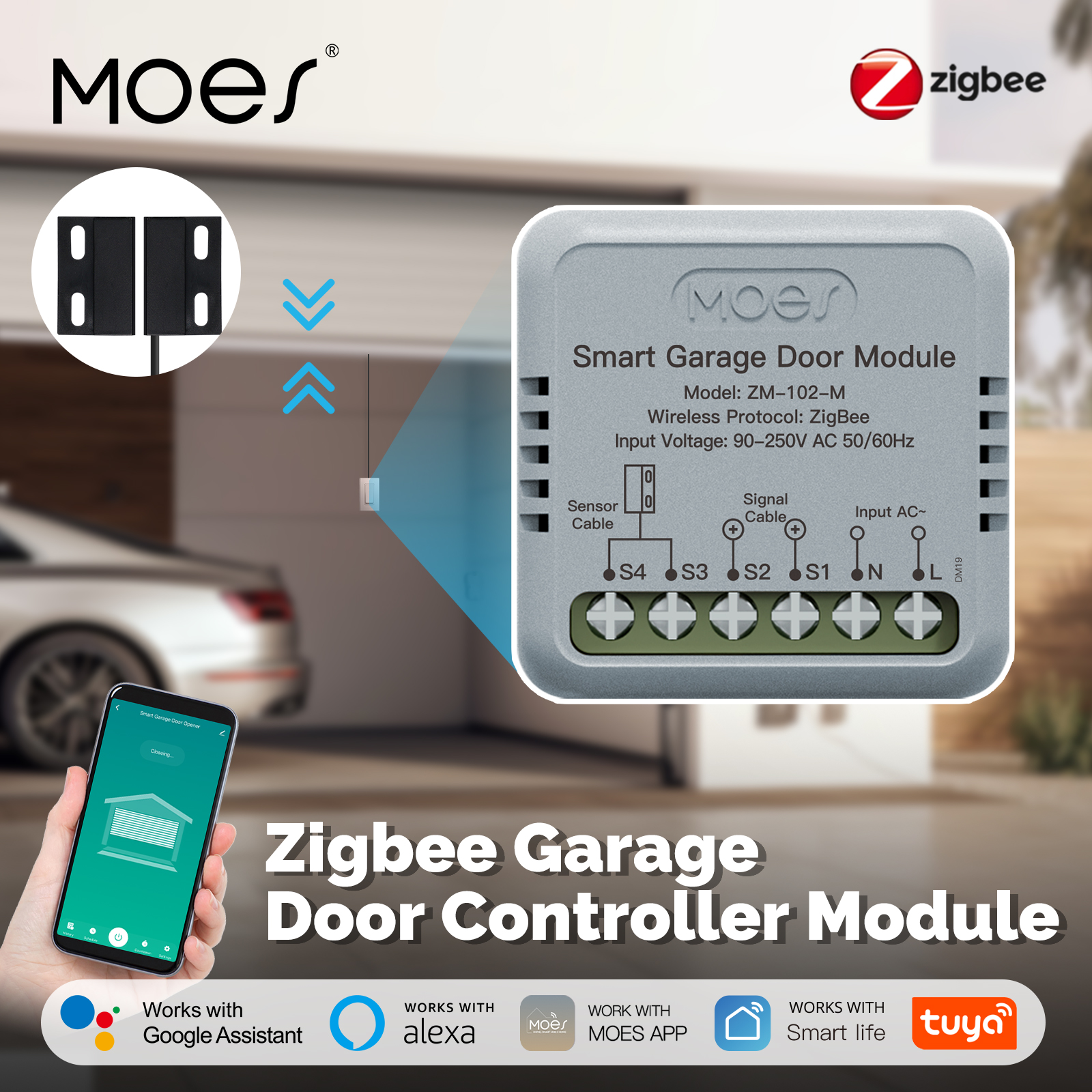 MOES Tuya Zigbee Garage Door Controller Module, Smart App Remote Garage Door Opener, Works with Alexa & Home