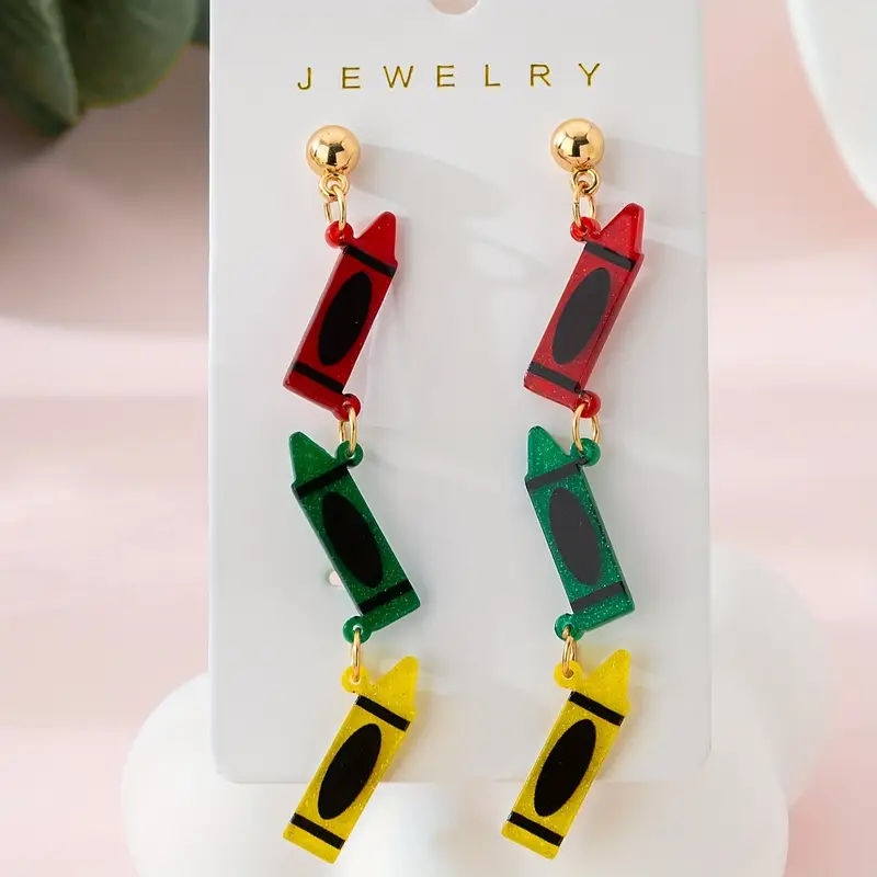 1 Pair Elegant Acrylic Pencil Design Earrings for Women - Colorful Crayon Style, Ideal for Teacher'S Day, Back to School pen gpt