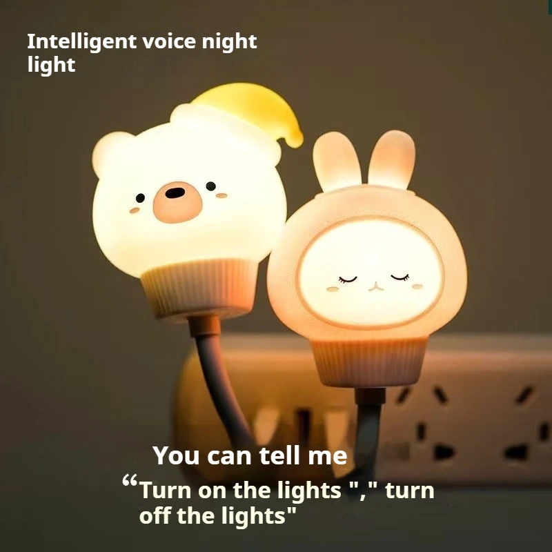 USB Night Light LED Cute Cartoon Voice Control Night Lamp Bear Kitten for Baby Kid Bedroom Eye Protection Decoration Bedside Lam
