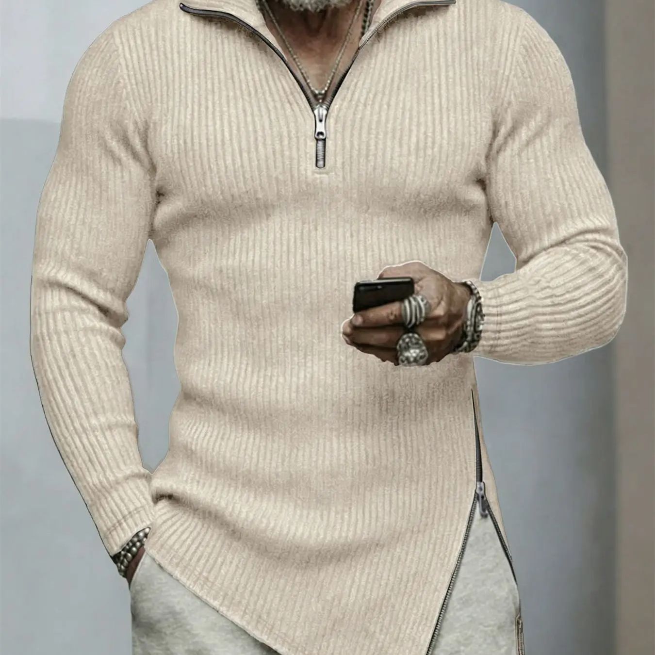 Fall/Winter New Style Men's Long-Sleeved T-Shirt Tight-Fitting Sporty Casual Solid Color Fitness Irregular Trendy Shirt for Men