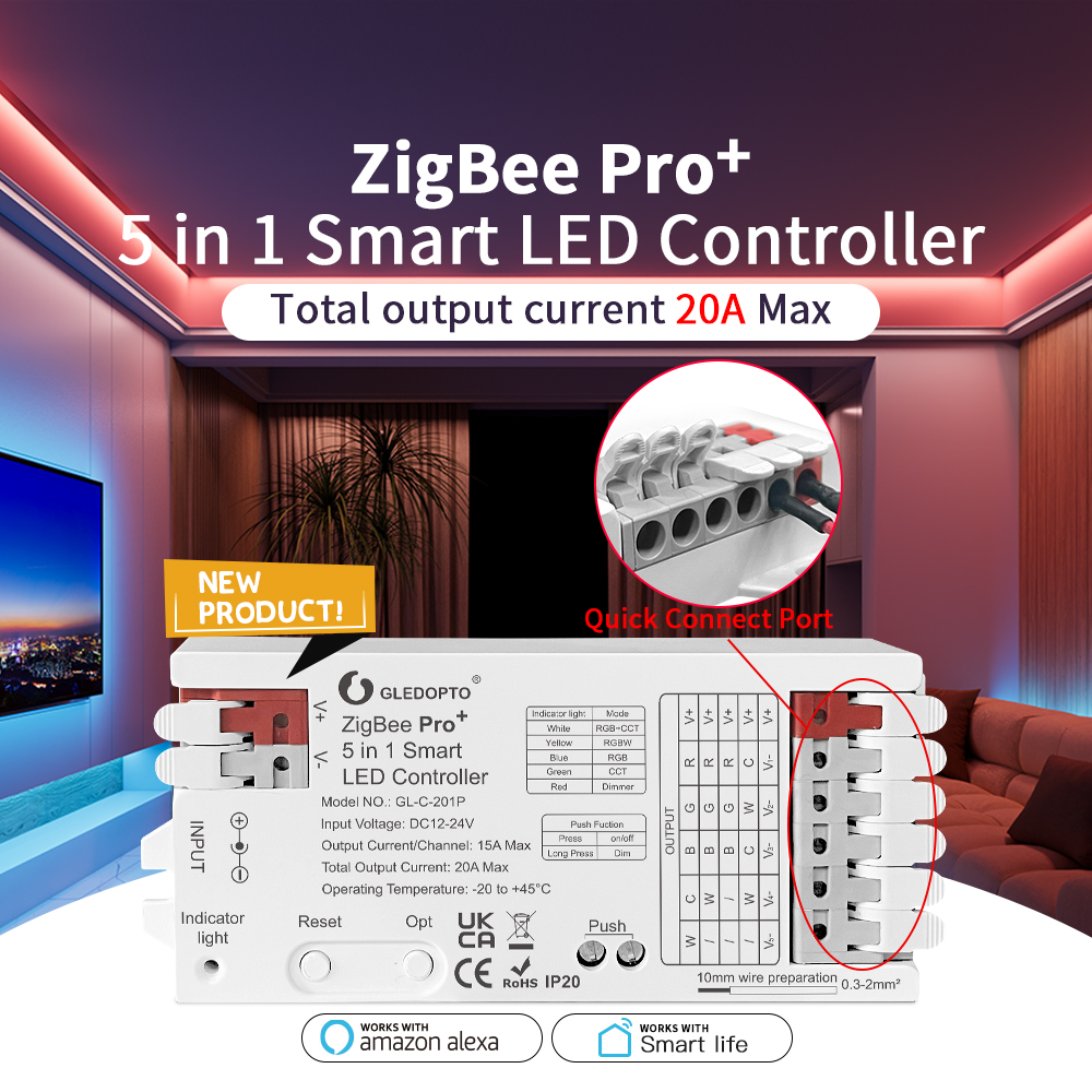 GLEDOPTO ZigBee 3.0 Pro+ 2 in 1 / 5 in 1 LED Strip Controller 20A Max RGBCCT/RGBW/RGB/CCT/Dimmer Alexa Homey APP Voice Control