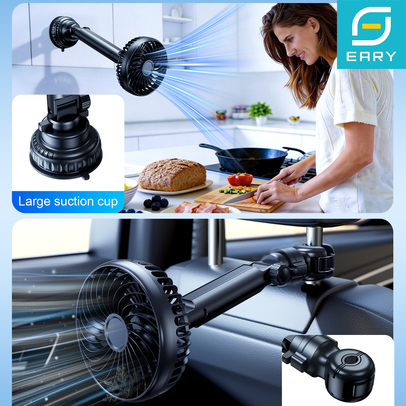 Eary Car Headrest Fan With Large Suction Cup 5000mAh Battery USB Rechargeable Cooling Fans 360°Adjustable 3 Speeds Car Rear Fan