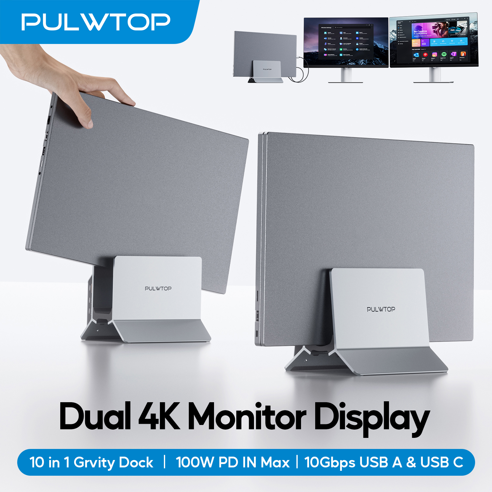 PULWTOP 11 IN 1 Vertical USB C Dock Stand with 2 HDMI 4K 60Hz, USB A/C 10Gbps, USBA 5Gbps, Ethernet, PD, for Type-C Laptops