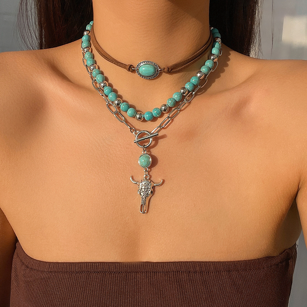 Salircon 3pcs Set Vintage Ethnic Style Bull Head Pendant Necklace for Women Exquisite Green Stone Beads Clavicle Chain Jewelry