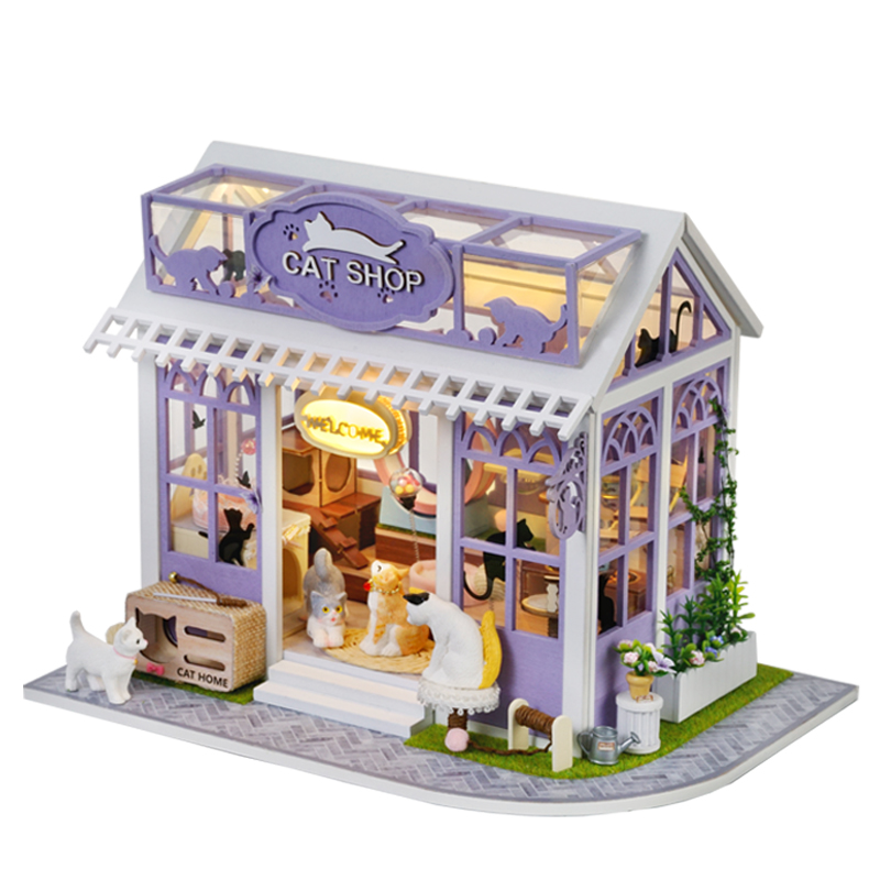 Wooden Miniature Doll House 3D Puzzle Assembly Building Model Kit Cat Shop Small Room Toys Home With Furniture Birthday