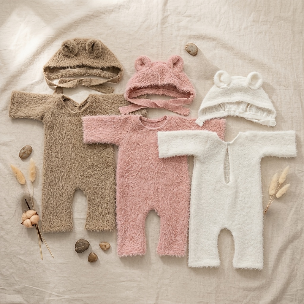 2pcs Newborn Photography Prop Soft Plush Romper Bear Hat Set Cute Baby Outfit for Studio Photo Shooting