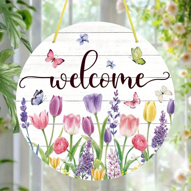 1pc, Summer Flower Welcome Door Sign Tulip Wooden Hanging Sign Floral Butterfly Door Hook Sign Suitable for Spring and Summer Ho