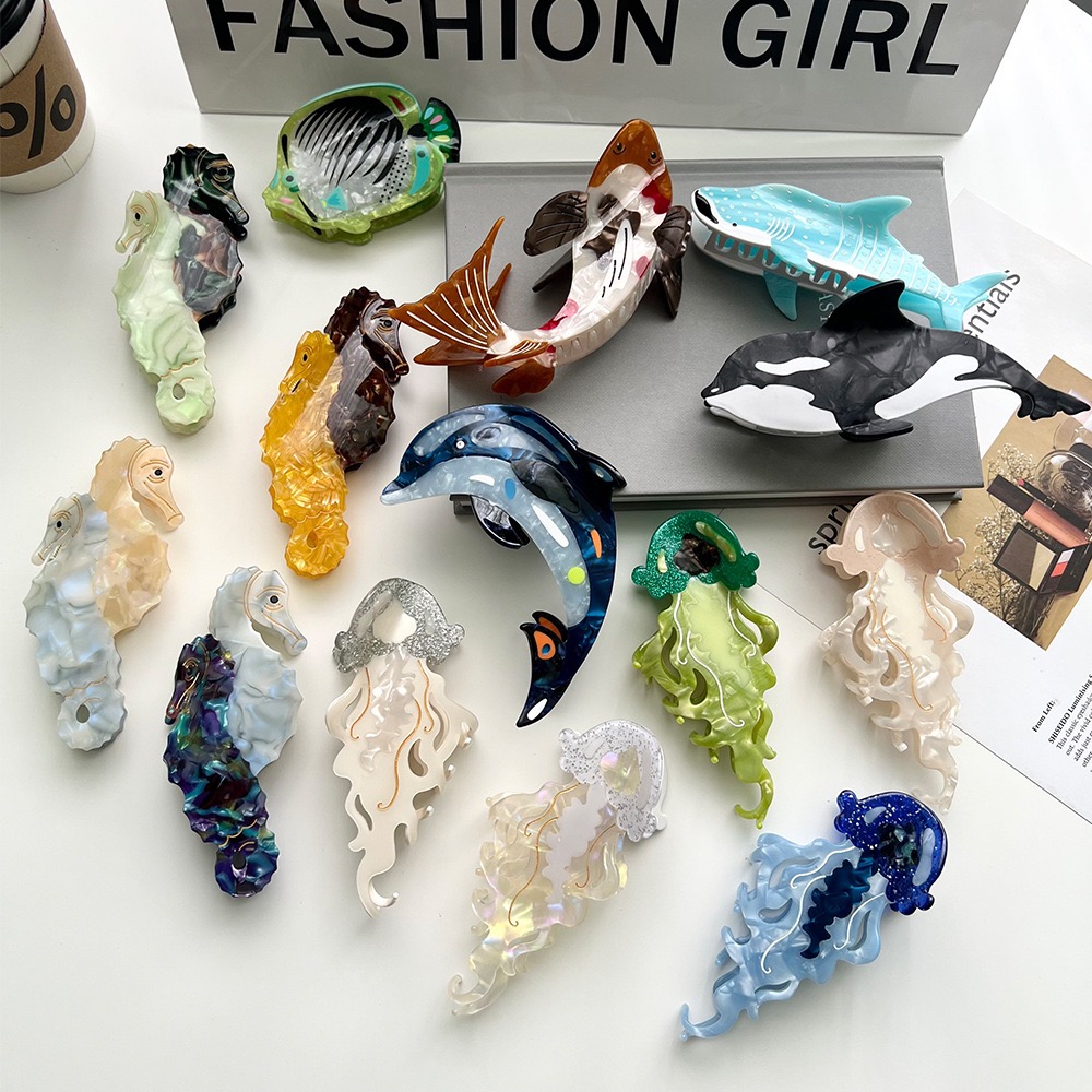 Marine Life (Jellyfish, Seahorse, Shark, etc.) Claw Hair Clips. Unique and casual summer family style. Acetate, handmade.