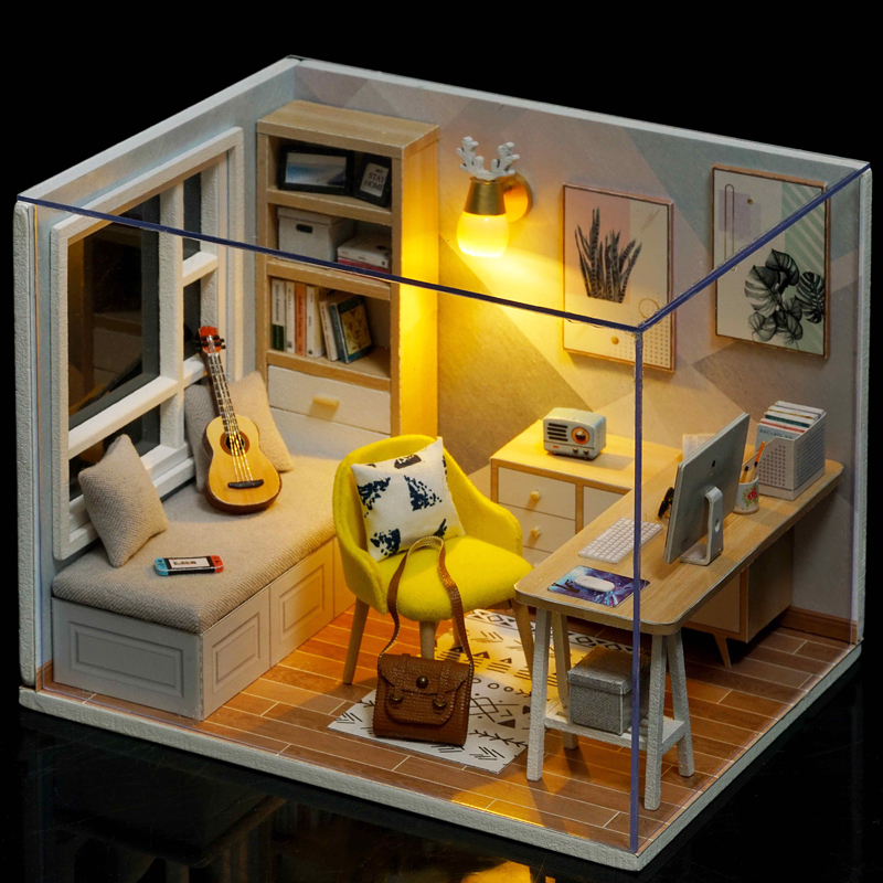 DIY handmade mini toy house in the study, 3D wooden puzzle bookshelf plug-in decoration, suitable for teenagers and adults