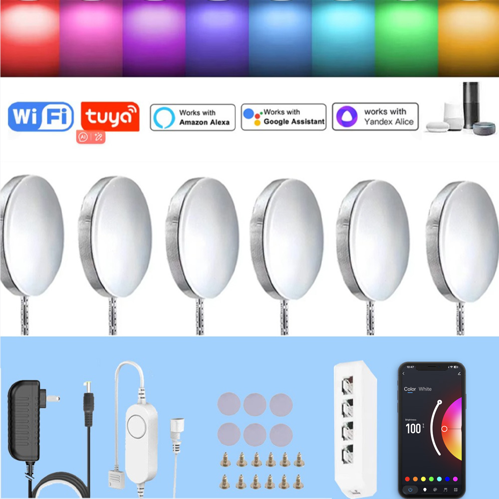 Tuya Wifi DC12V RGB LED Round Under Cabinet Light Color Change Dimming for Kitchen Closet Shelf Voice Control Alexa Echo