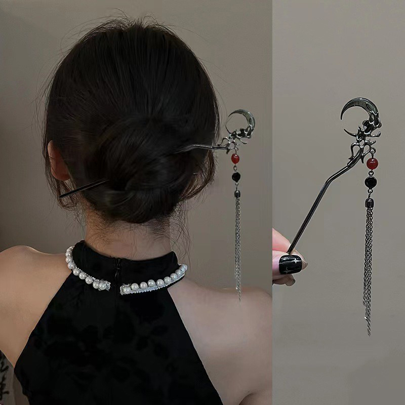 1PC Retro Moon Hair Clips Chinese Style Tassel Hairpin Women Metal Hair Sticks Chopstick Shaped Hairpin