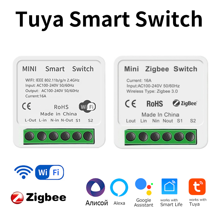 Mini ZigBee WiFi Smart Switch 100-240V 16A 2-Way Control Relay Breaker Tuya/Smart Life App Works with Alexa Assistant