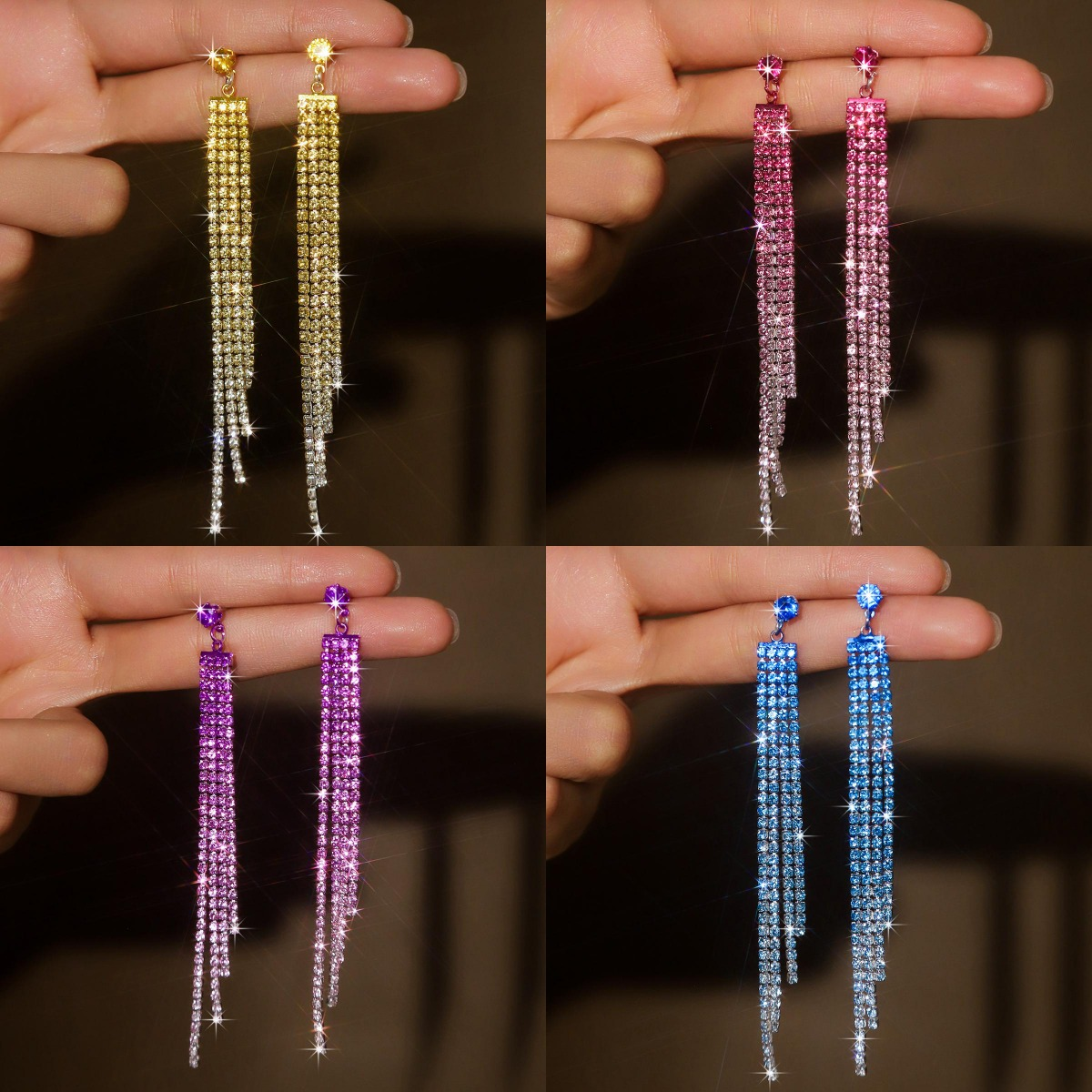 Waterfall flash ✨ Four color full diamond tassel long earrings for spicy girls to dance and show off their face with small earr