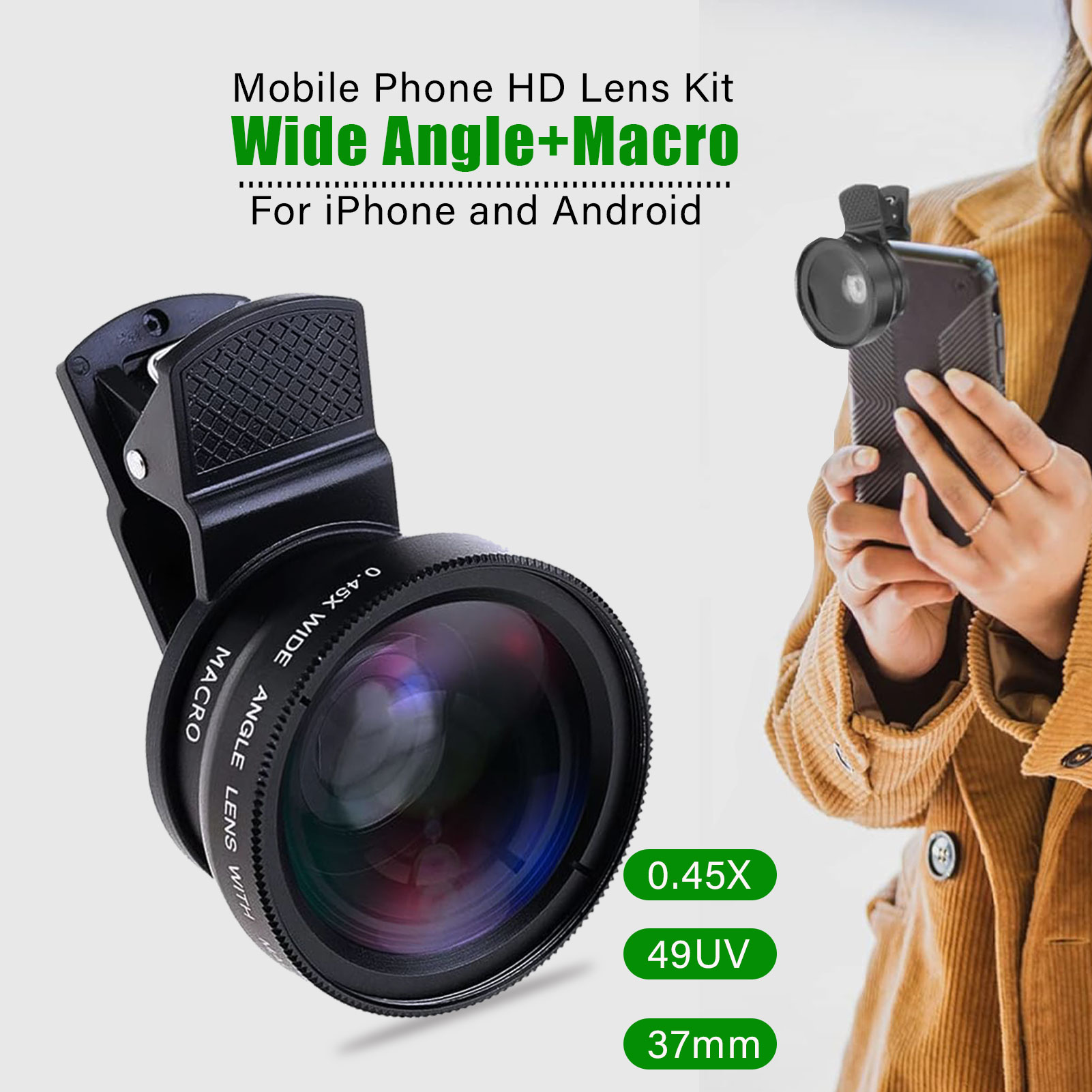 APEXEL 2 in 1 HD Camera Lens 0.45x Super Wide Angle&12.5x Macro Mobile Lens Phone Lens For iPhone 11