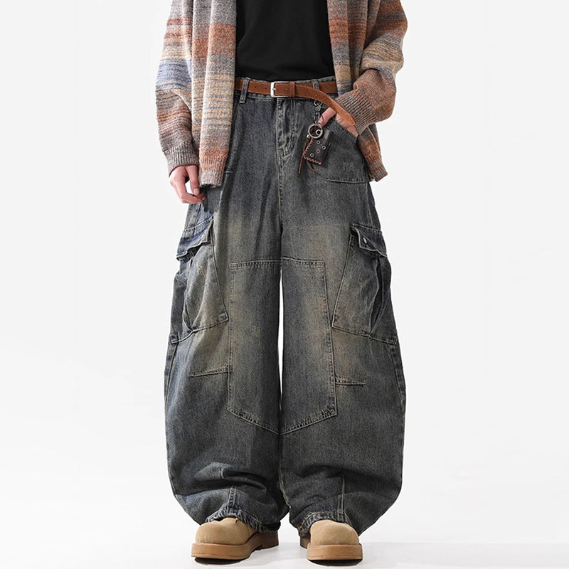 Autumn/Winter Korean Vintage Splicing Hairy Zipper Micro Horn Jeans Men's Loose Straight Leg Pants Fashion High Street Jeans