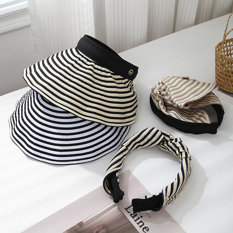 Summer Hat Sun Visor Korean Stripe Colorblock Headband Cross-Twist Design Women's Hair Accessory Open-Crown Chic Hairband Casual
