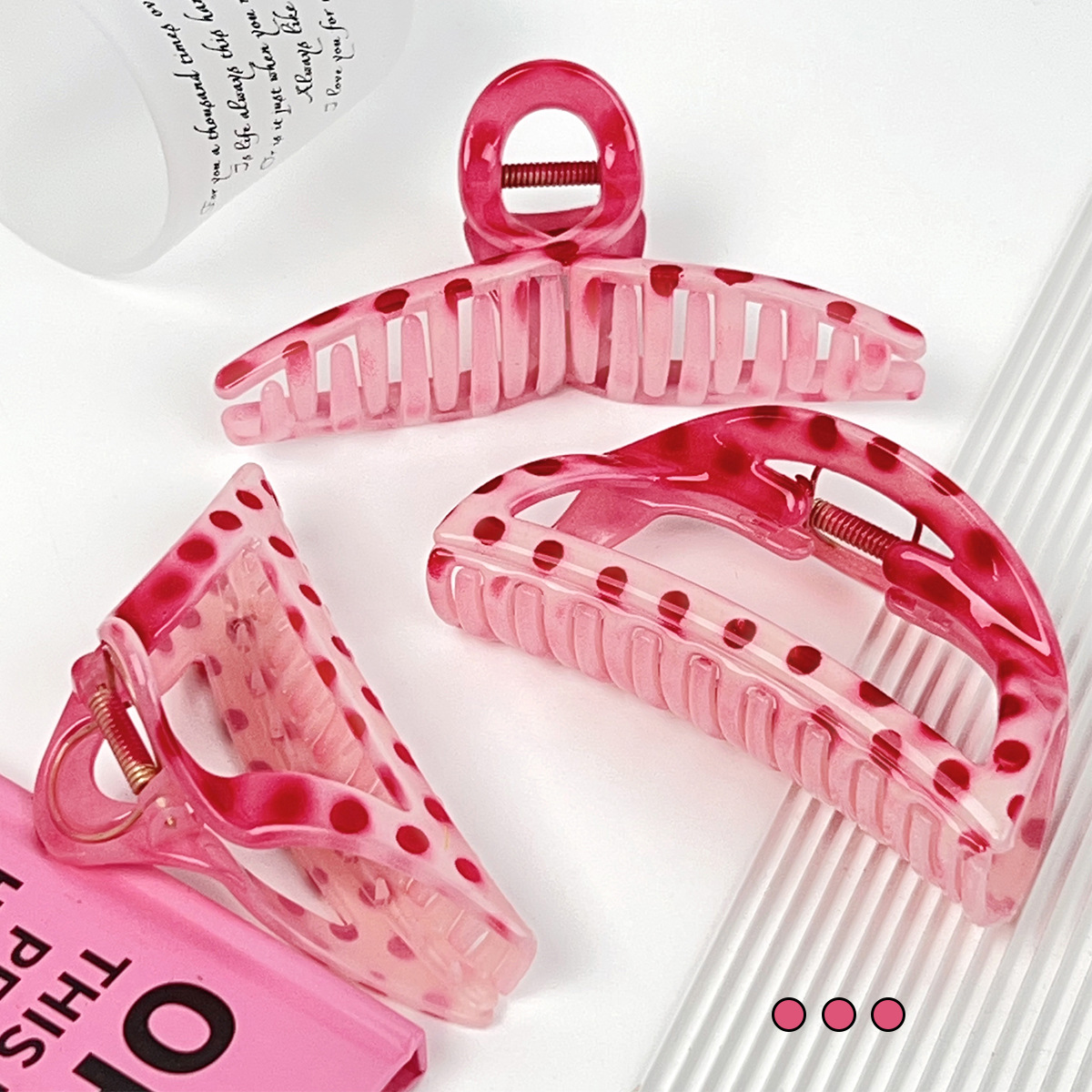 1pc Korean rose pink large polka dot grip clip, new summer hair clip on the back of the head, sweet and cute shark clip