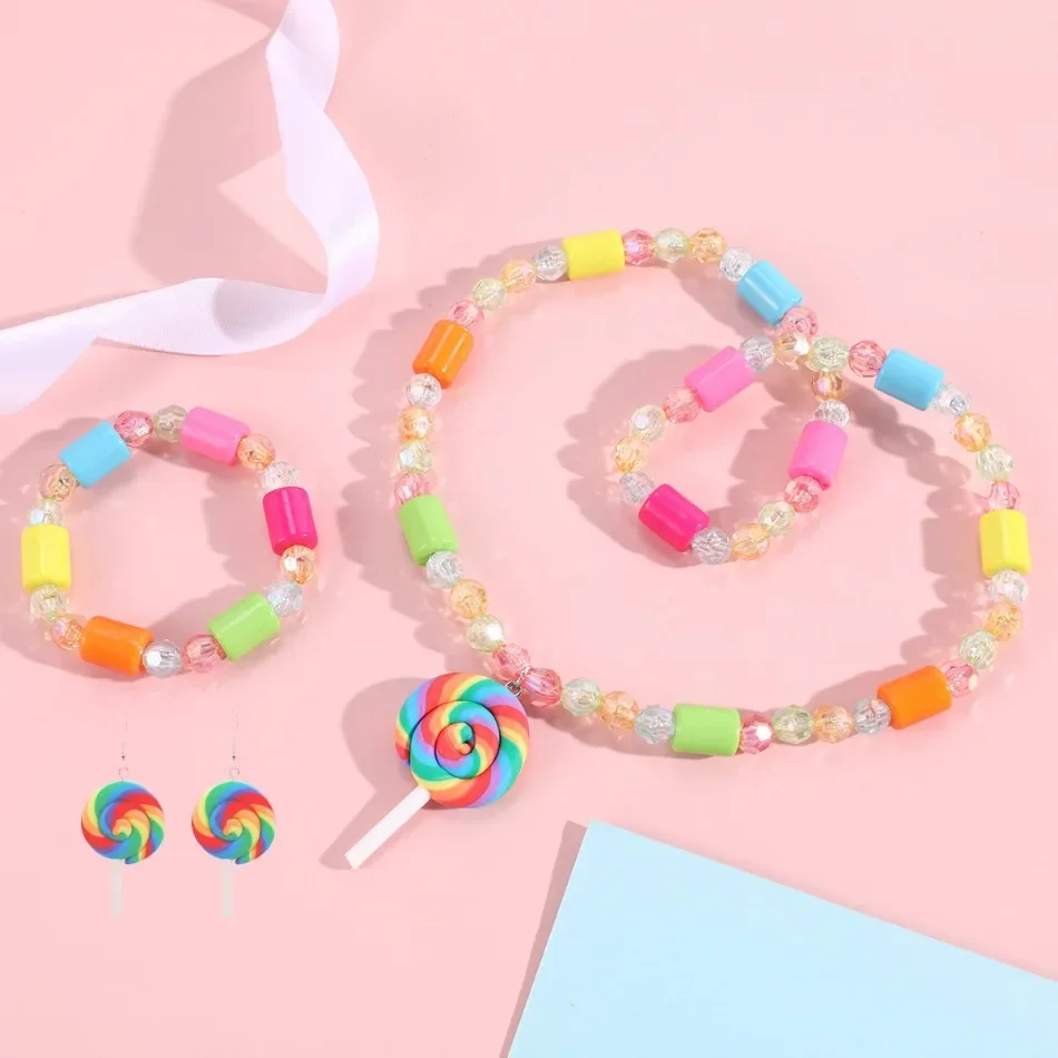 Little Girls Beads Necklace Bracelet Jewelry Sets Sweet Candy Lollipop Charm For Children Party Jewelry Kids Birthday Gift Sets