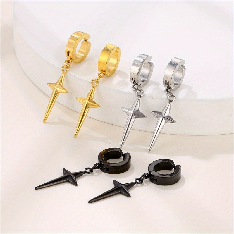 1pair Simple Fashion Unisex Punk Stainless Steel Cross Chain Pendant Dangle Stud Earrings for Men Women Daily Wear Jewelry pen gpt