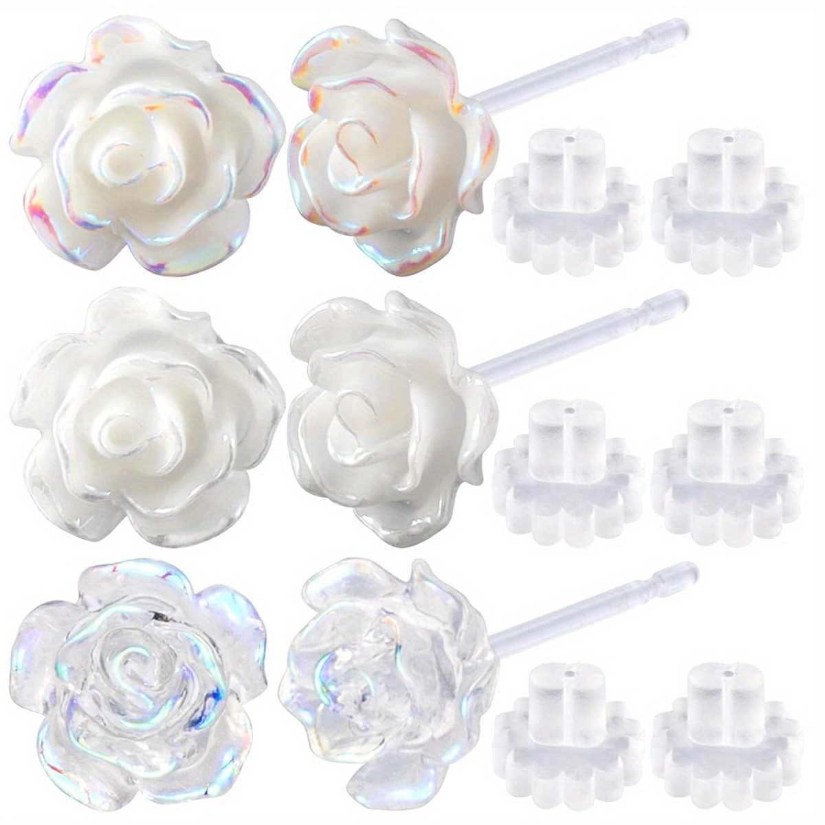 2/6pcs Elegant Korean Style Clear/White Resin Rose Flower Stud Earrings with Rubber Backs for Women Fashion Ear Jewelry