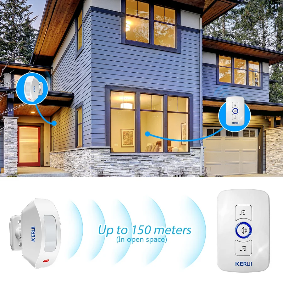KERUI Wireless Doorbell Home Security Welcome Chime Door Bell Work with PIR Motion Detector Door Sensor Sound Alarm Ring Button