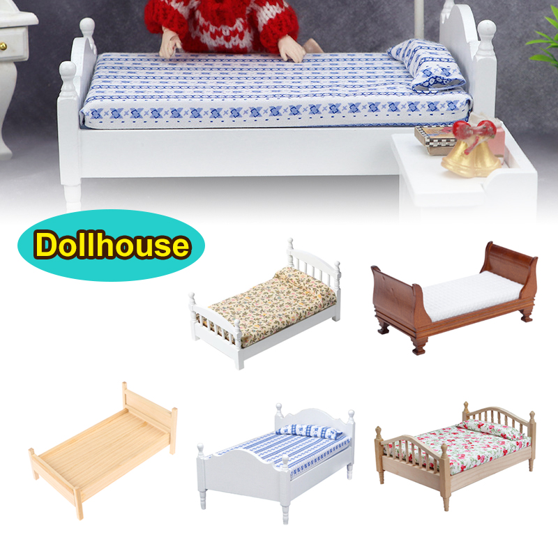 1/12 Dollhouse Wooden/Iron Mini Single/Double Bed Home Bedroom Furniture Toy Living Room Furniture Model Handmade Toy
