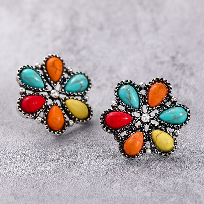 Vintage Bohemian Flowers Colorful Turquoise Design Earrings for Women's Hollow Sunflower Ethnic Style Earrings Jewelry