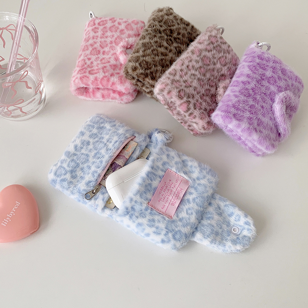 Winter INS Fashion Leopard Print Plush Snap Wallet Card Bag Cute Japanese Girl Pendant Coin Wallet Change Storage Bag Kids