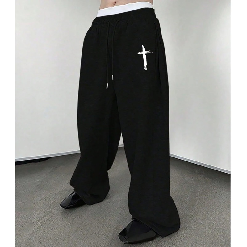 Men's Black Jogging Pants, Simple White Cross Print, Casual Sweatpants Elastic Waist Drawstring Pants Corduroy Fabric Streetwear