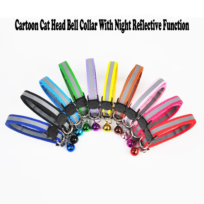 Reflective Cat Collar With Bell Cartoon Cat Head Safety Buckle Nylon Pet Collar Puppy Kitten Collar For Daily Night Walk