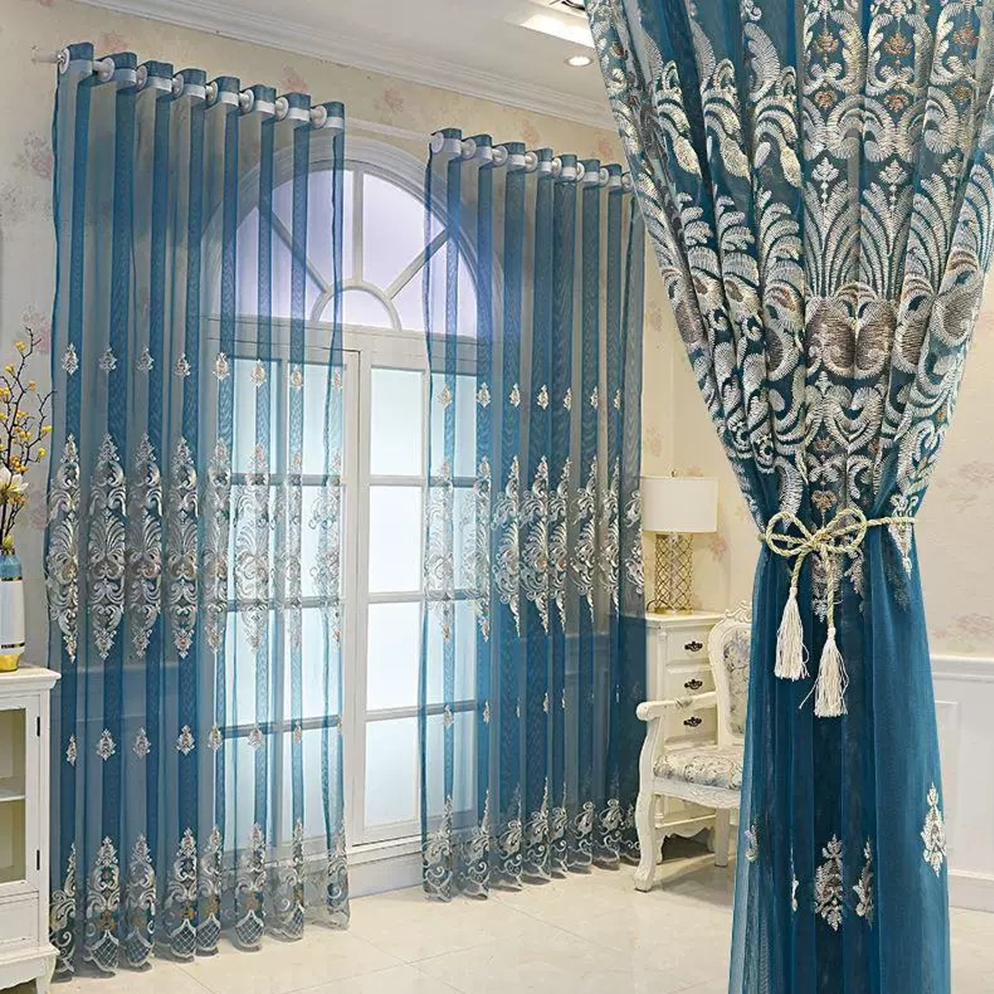 1pc New European Style Embroidered Light Luxury Sheer Window Curtain, Translucent Elegant Drapes for Living Room,for Home Decor