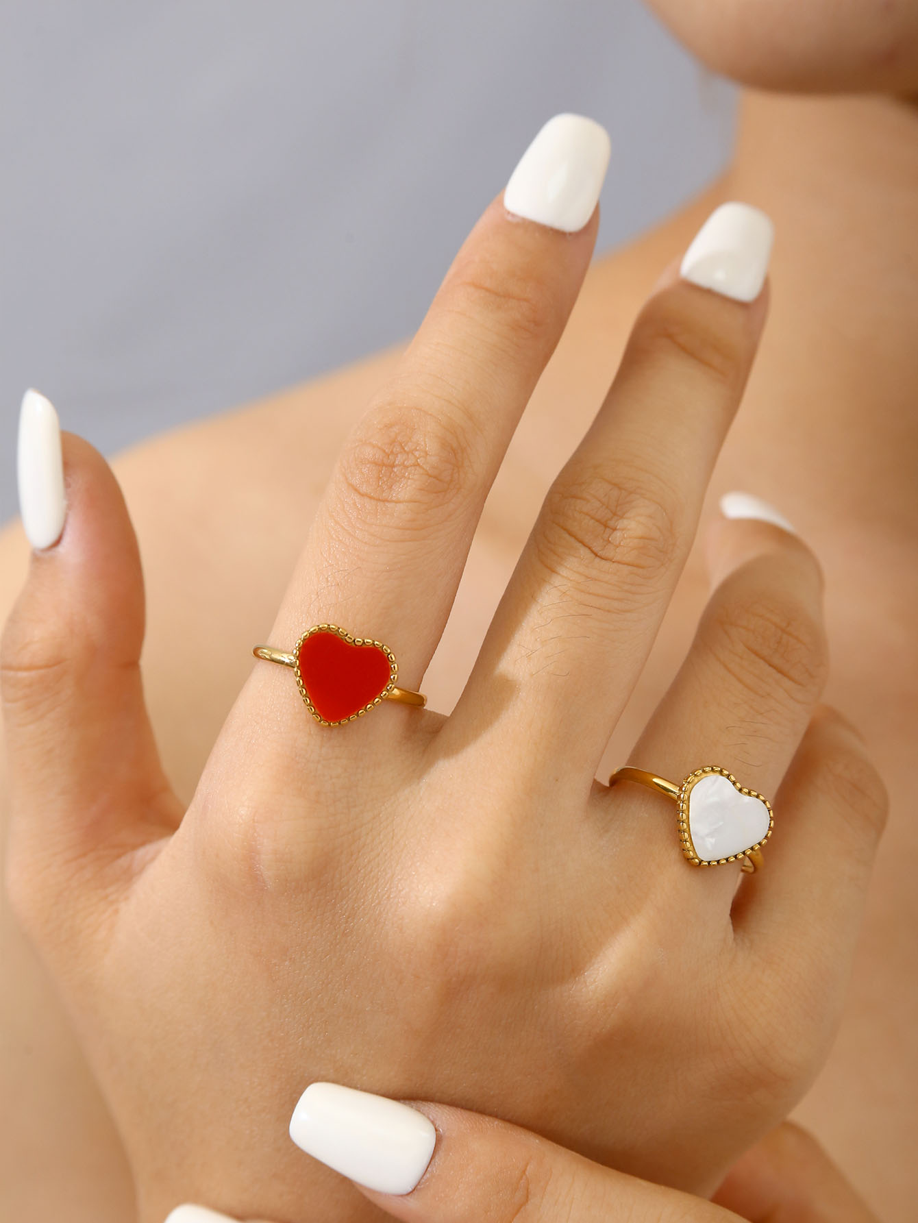 1 pc Korean-Style Exquisite Elegant Minimalist Versatile Stainless Steel 18K Gold-Plated Red & White Heart Ring For Women